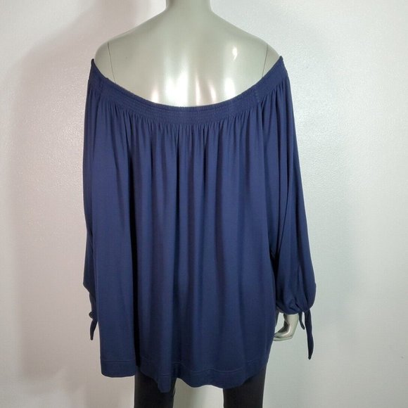 Chaps Top Plus Size 3X Off Shoulder Tie Sleeve Stretch Pullover Long Sleeve Blue - Picture 4 of 5